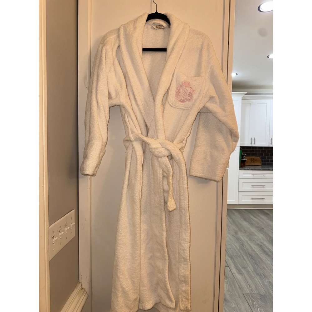 Victorias Secret Vintage gold White Terry Cloth Robe Cotton Pink Crest Logo OS